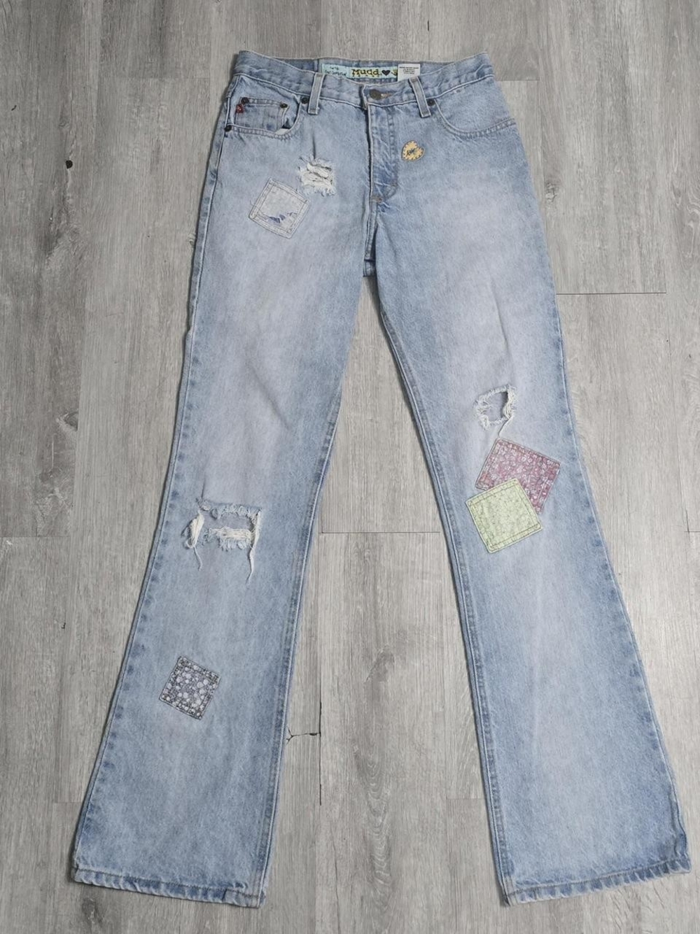 Vintage Y2K Mudd Jeans Women's Light Wash Patchwork Flare Cotton Jeans Size 3
